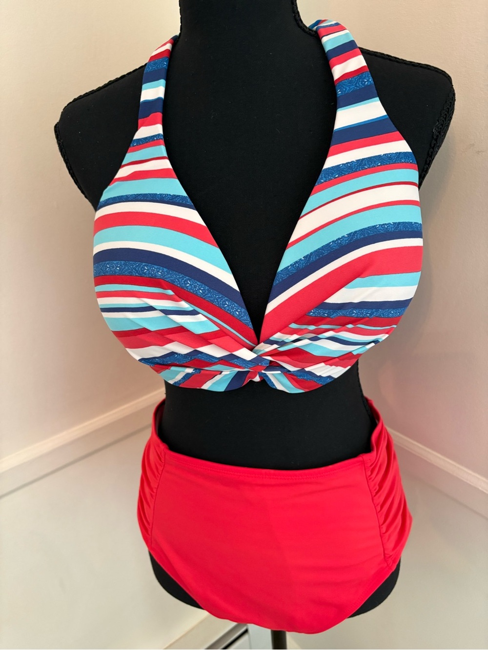 Women’s Two Piece Swimsuit- Multicolor Halter Top- Matching bottom, ruched sides